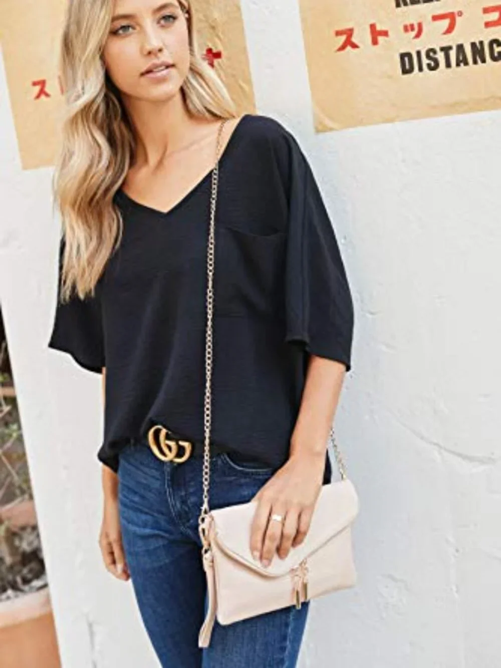 Faux Leather Envelope Wristlet Clutch Crossbody Bag with Chain Strap